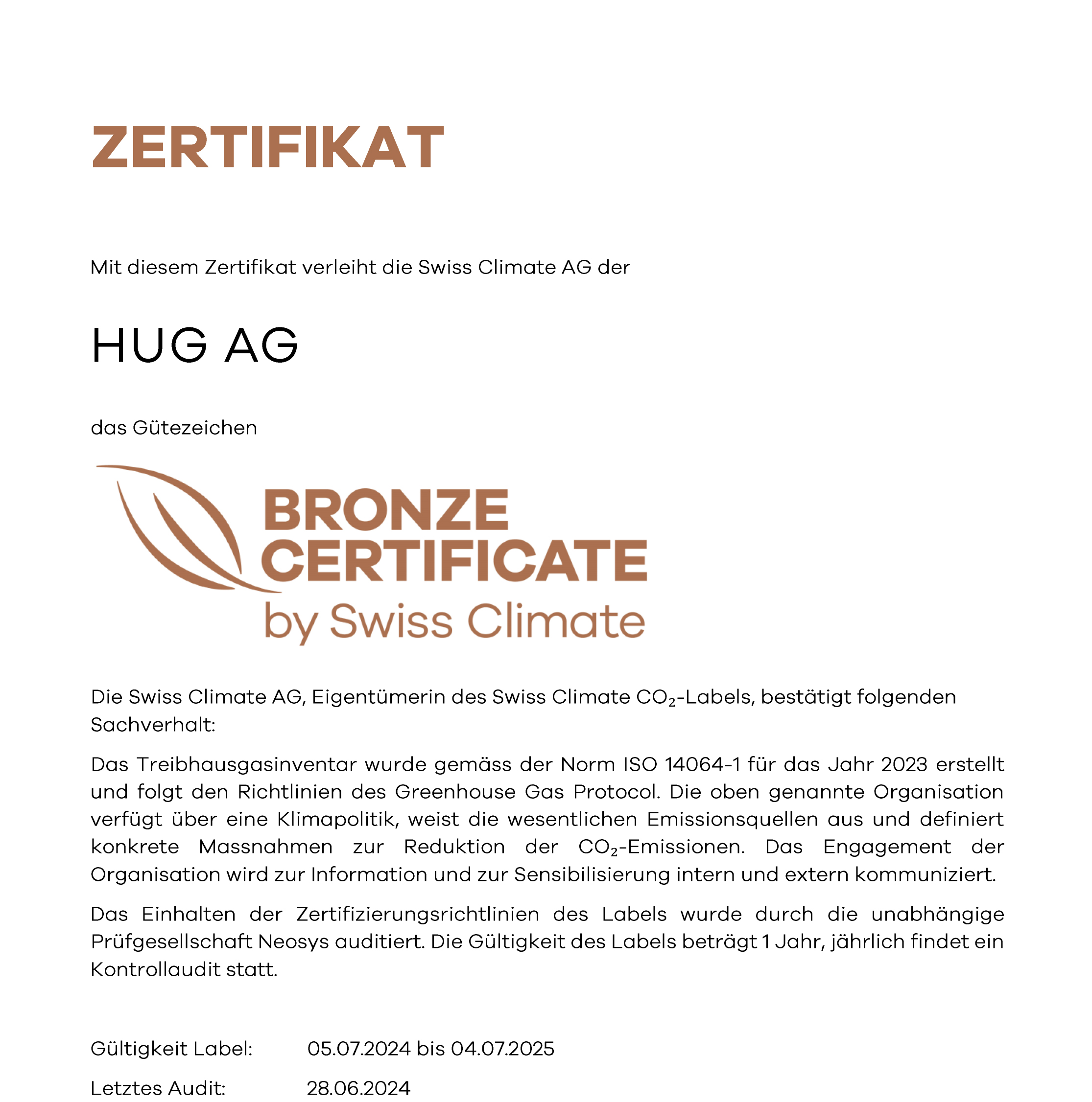 Swiss Climate bronze certificate