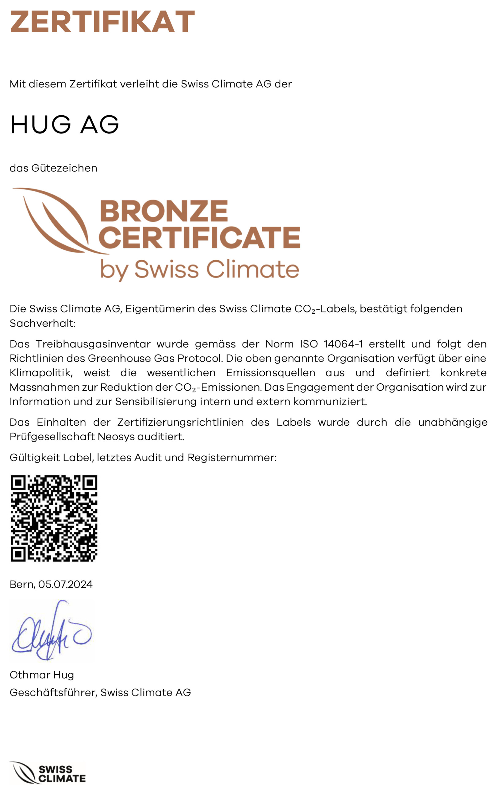 Swiss Climate bronze certificate