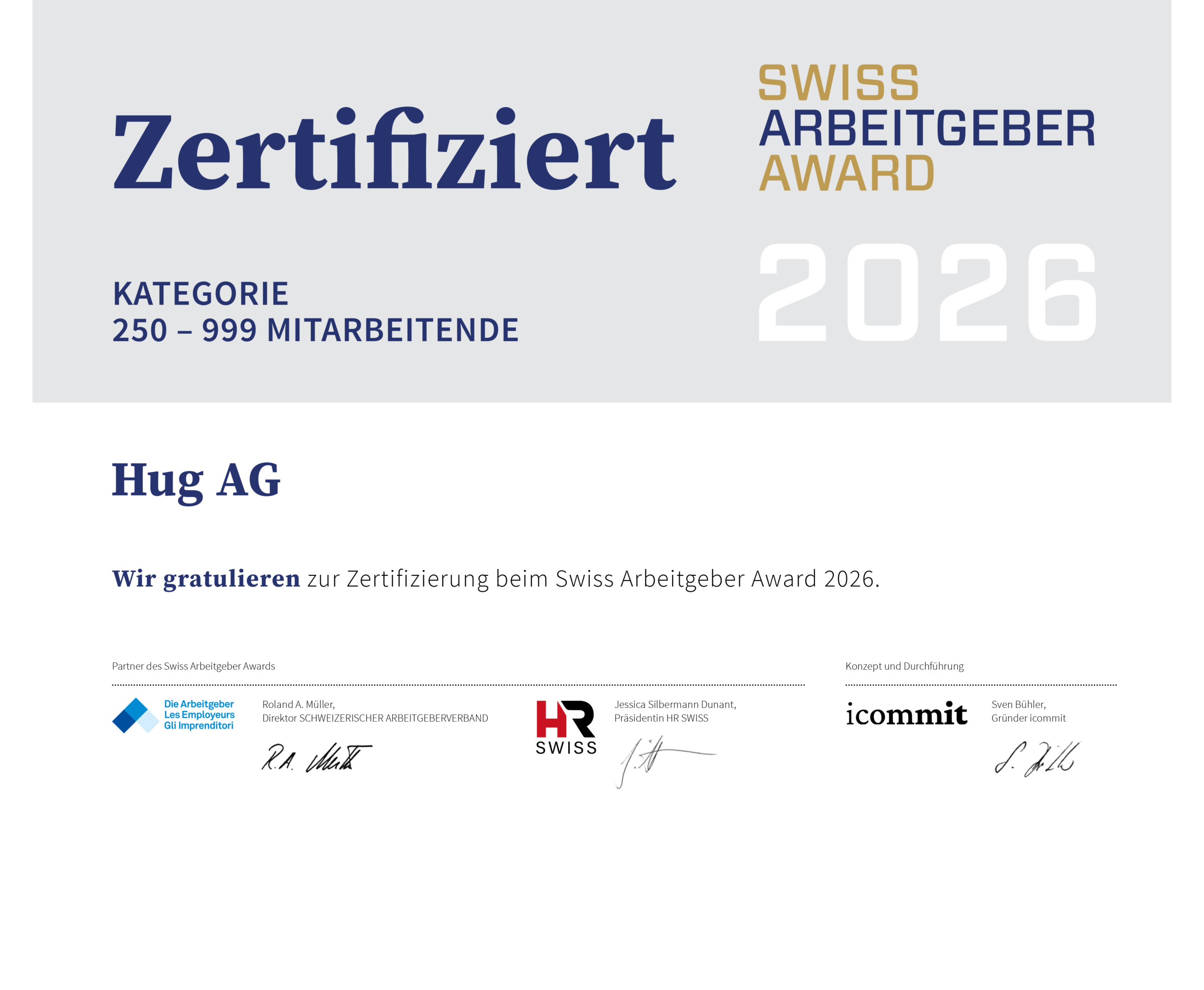 HUG als «zertifizierter Arbeitgeber» ausgezeichnet